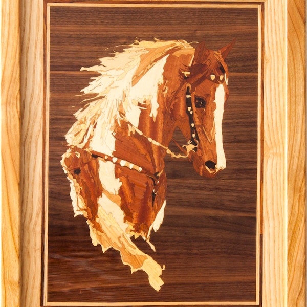 Horse wood mosaic picture veneer inlay marquetry wall art framed panel home decor eco gift wood mosaic intarsia Horse picture veneer panel