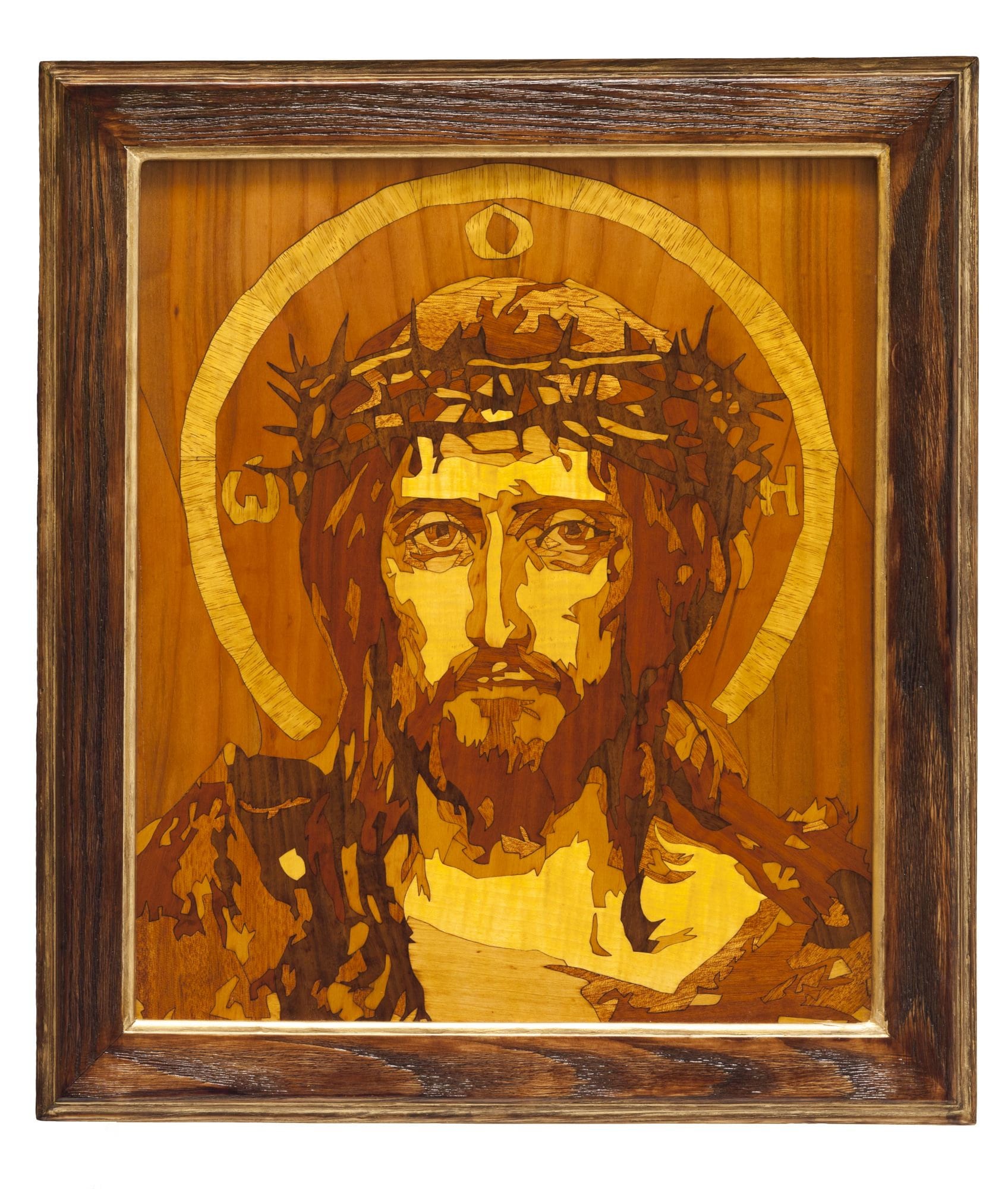 Wood Mosaic 19x17 Inlay FRAMED Jesus Christ Savior Marquetry