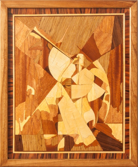 Wood Mosaic 20x24 Inlay FRAMED Angel Cubism Wall Art Panel