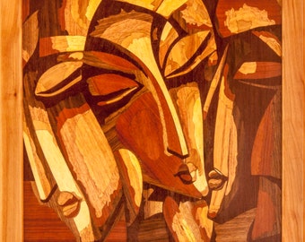 Mosaïque en bois 18 x 18 incrustations encadré triangle amoureux mosaïque marqueterie panneau boho encadré décoration murale art suspendu prêt à accrocher sculpture sur bois écologique
