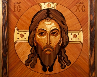Wood Mosaic 20x20 Inlay FRAMED Jesus Christ Savior Orthodox