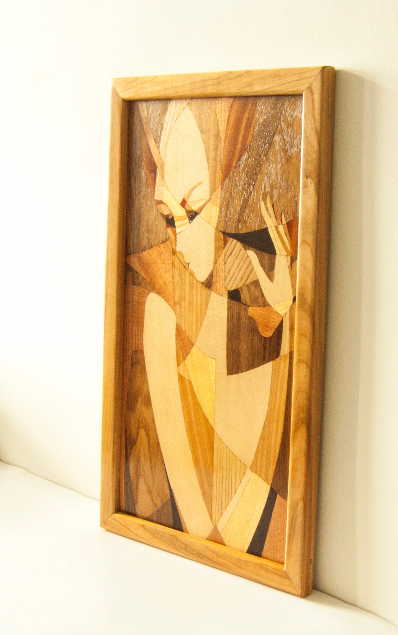 激安/新作 Wood Mosaic 25x14 Inlay FRAMED Cubism Marquetry Panel Boho 立体・オブジェ