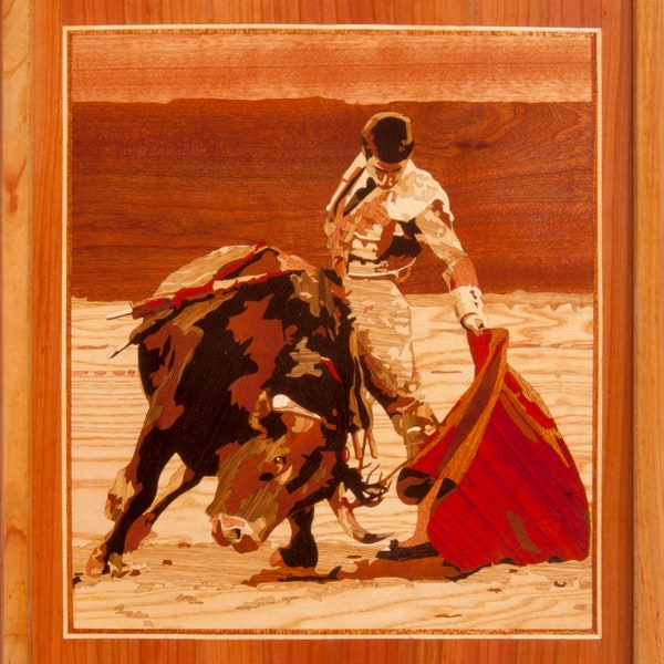 Bullfighting framed wood picture corrida matador home decor boho style marquetry inlay wall art panel home decor gift mosaic veneer panel