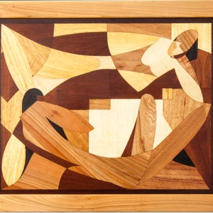 Wood mosaic 24x20 inlay FRAMED Pair Love marquetry panel cubism boho home decor wall art hanging love ready to hang eco gift wood carving