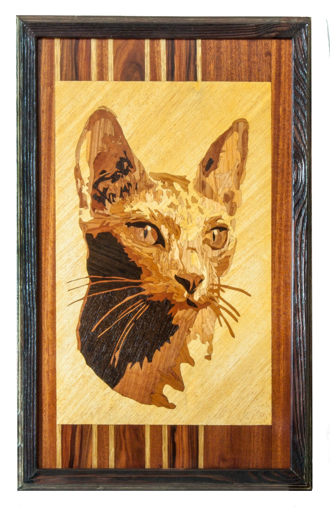 Wood Mosaic 22x16 Inlay FRAMED Cat Portrait Mosaic Wood Panel Ready to ...