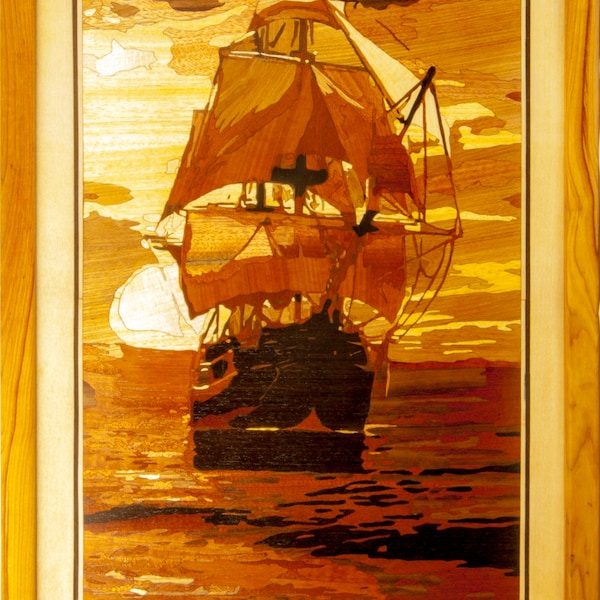 Wood mosaic 35x22 inlay FRAMED Sailing Ship seascape marine home decor rustic picture wall art panel eco gift wood carving mosaic veneer