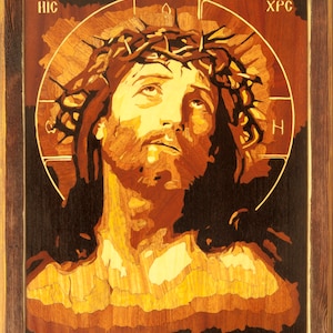 Wood mosaic 27x21 inlay FRAMED Jesus Christ Savior Icon Crown of thorns Orthodox Byzantine Christian our Lord  Wall religious art Home Decor