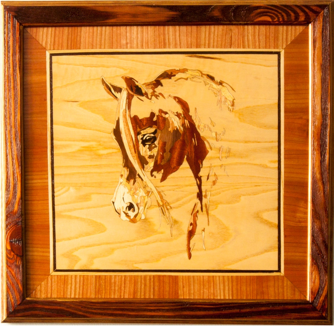 Wood Mosaic 20x20 Inlay FRAMED Horse 3 Panel Inlay Marquetry Veneer ...