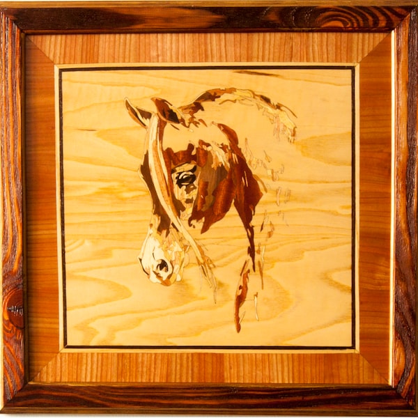 Cheval 3 mosaïque en bois encadré panneau incrustation marqueterie placage mur art décor à la maison éco cadeau mosaïques en bois intarsia encadré panneau de placage image écologique