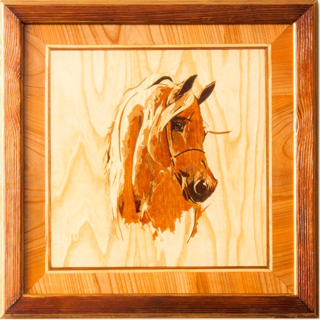 Wood Mosaic 22x22 Inlay FRAMED Horse 1 Panel Marquetry Veneer Wall Art ...