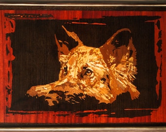 Wood mosaic 25x17 inlay FRAMED Shepherd dog portrait panel ready to hang home wall decor boho art wood carving ready to hang eco wood gift