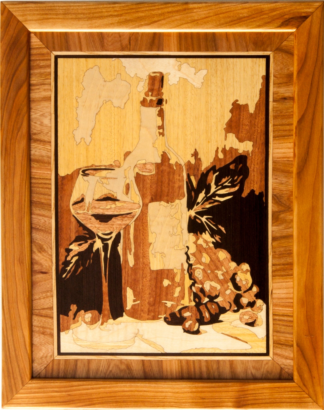 Wood Mosaic 22x17 Inlay FRAMED Wine and Grape Still Life Boho Picture ...