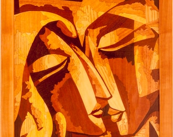 Mosaïque en bois incrustation 19 x 19 encadré amour mosaïque marqueterie panneau boho décoration murale décoration murale art mural suspendu prêt à accrocher cadeau écologique sculpture sur bois