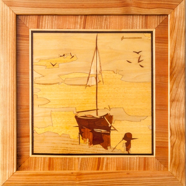 Schooner seascape marine sail home décor boho style marqueterie incrustation encadré image mur art panneau décor eco cadeau bois mosaïque placage panneau