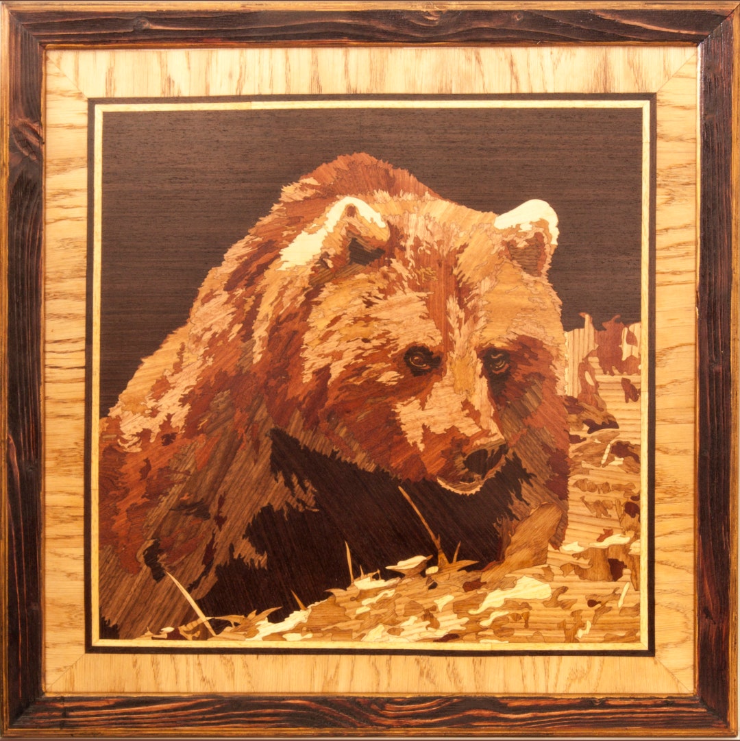 Wood Inlay Mosaic 27x27 FRAMED Grizzly Bear Wildlife Wild Nature Eco ...