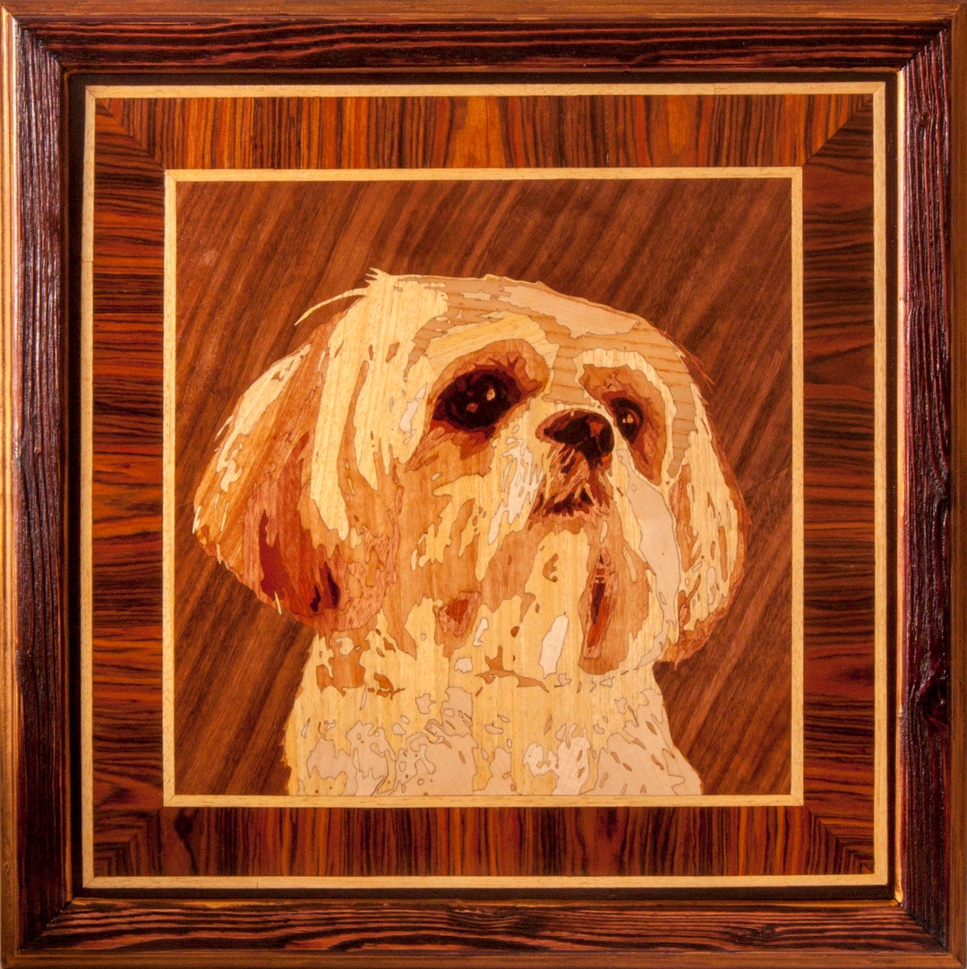 Wood Mosaic 22x22 Inlay FRAMED Shih Tzu Dog Pet Portrait Wall Art