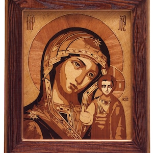 Holz Mosaik 21x18,5 Inlay GERAHMT Mutter Maria Kunst byzantinischer christlicher Ikone der Jungfrau Maria von Kasan Wohnkultur Wand religiöse Kunst