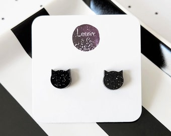 Black & Silver Glitter Cat Stud Earrings Acrylic Kitty Cat Earrings (Safe for sensitive ears)