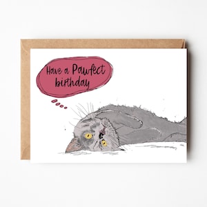 Blue cat birthday card, Grey Cat card, Cat stationary, Cat greeting card,