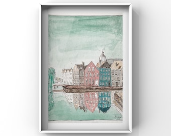 Brugge Watercolour mixed media painting, Brugge Print, Belgium art