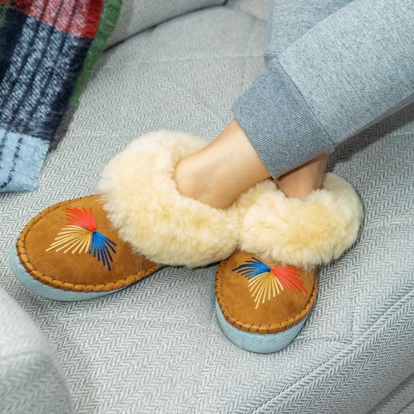 Women's Slippers Moccasin Slip on Slippers Beige Fur Sheepskin with Leather Sole