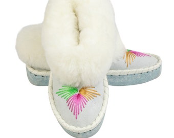 CLEARANCE White Moccasin Woman & Men Sheepskin with Leather sole HANDMADE Slippers Boots with Fur Birthday Gift Final Sale