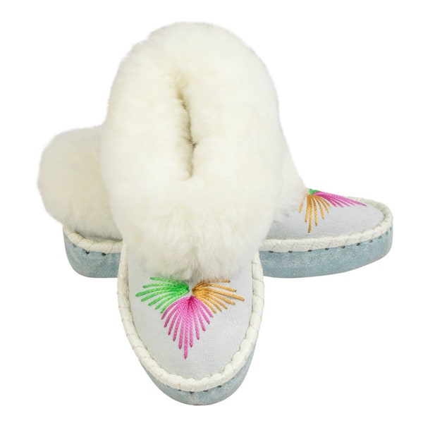 CLEARANCE White Moccasin Woman & Men Sheepskin with Leather sole HANDMADE Slippers Boots with Fur Birthday Gift Final Sale