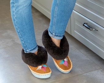 Moccasin Woman & Men Sheepskin with Leather sole HANDMADE Slippers Boots with Fur perfect for grounding Final Sale