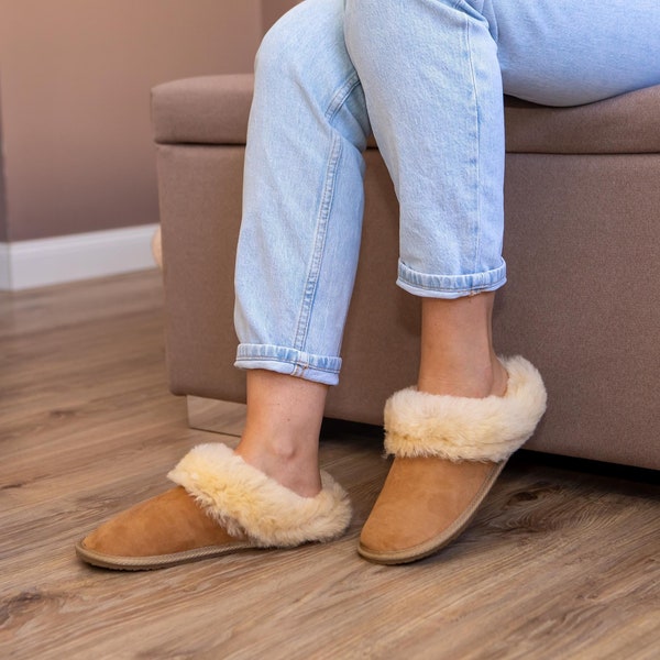 FINAL SALE! 100% Sheepskin Fur Slippers Men & Women Brown Handmade Hard Sole Gift for Women Gift for Her Gift for Him Comfy CLEARANCE!