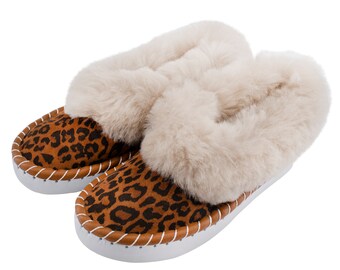 Damenschuhe Schaffell Hausschuhe mit Ledersohle/Mokassins mit Leopardenmuster Damen Hausschuhe Schuhe