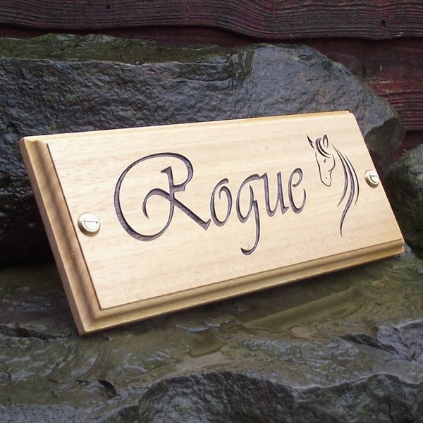 Horse Name Plate Stable Door Sign Plaque (Vivaldi Font & Horse Head Logo) Custom Made To Your Horses Name