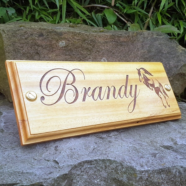 Stable Door Plaque Horse Name Plate (Edwardian Font & Jumping Logo) Custom Made To Your Horses Name