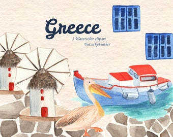 Greece Summer Watercolor Clipart, PNG Summer Clipart, Greek Island Clipart - Digital 5 png files 300 dpi - Instant Download, Commercial Use