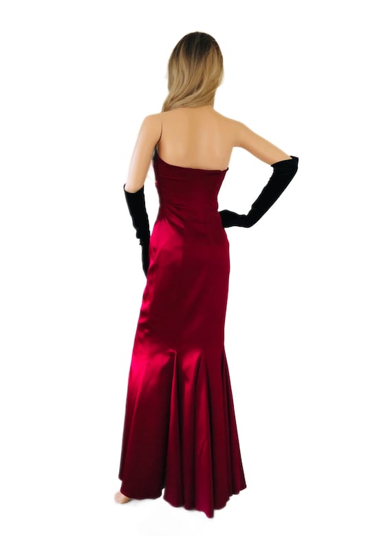 Vintage Karen Millen Red Satin Elastane Strapless Bodycon Maxi Prom Formal Dress Black Lace Trim Label UK 10 but Small Fitting so Fits UK 8 Etsy UK