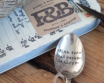 Hand stamped 'Drink tea, Read books, Be happy' up-cycled vintage coffee/teaspoon • Engraved spoon • Tea lovers gift • Book worm •