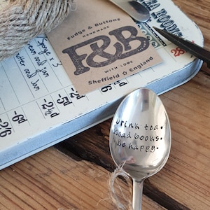 Hand stamped 'Drink tea, Read books, Be happy' up-cycled vintage coffee/teaspoon • Engraved spoon • Tea lovers gift • Book worm •