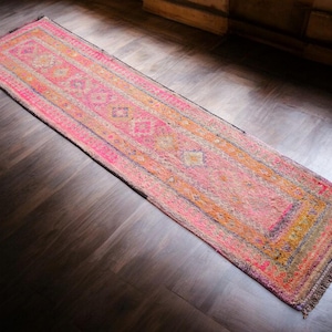3x10 Rug Runner Hand Made Oushak Rug. Tribal Herki Hallway Rug. Turkish Rug Runner. Flamingo Pink Antique Rug Rustic Rug Actual: 32&quot; x 122&quot;