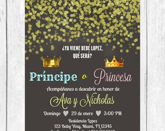 blue pink gold confetti gender reveal spanish invitation etsy