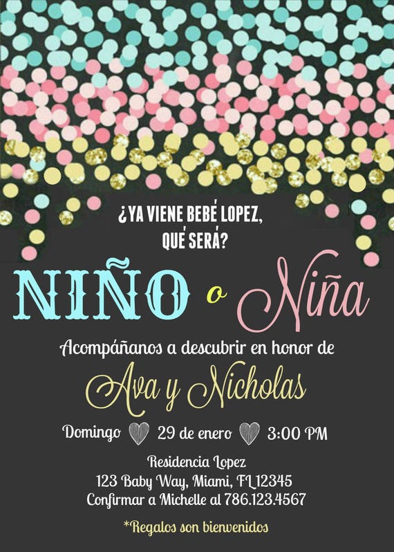blue pink gold confetti gender reveal spanish invitation etsy