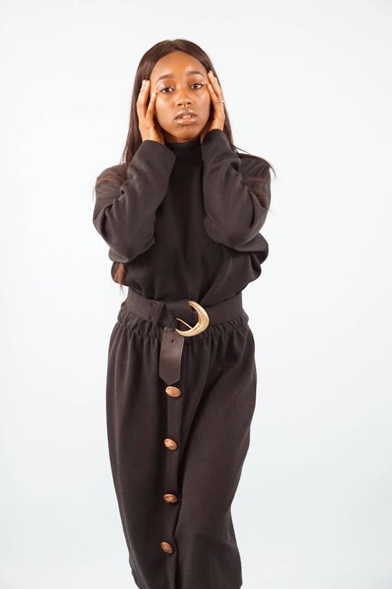 Vintage Black Sweater Dress- Belted Dress