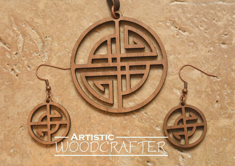 Wooden Geometric Necklace and Earring set Walnut