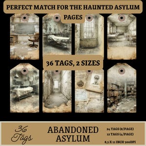 Peut inclure: Un ensemble de 36 étiquettes avec des images d'un asile abandonné. Les étiquettes sont en deux tailles et présentent des photos de style vintage de pièces et d'objets. Le texte sur les étiquettes indique "Perfect Match for the Haunted Asylum" et "Abandoned Asylum".