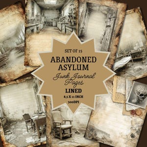Puede incluir: Un conjunto de 15 páginas de diario basura "Abandoned Asylum". Las páginas están rayadas y miden 21,6 x 27,9 cm. La imagen presenta una variedad de diseños de papel envejecido y desgastado con imágenes de asilo vintage.