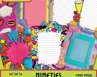 May include: A set of ten lined journal pages with a vibrant 90s theme. Each page features unique designs with colorful accents, including cassette tapes, lips, and geometric shapes. The pages are 8.5 x 11 inches.