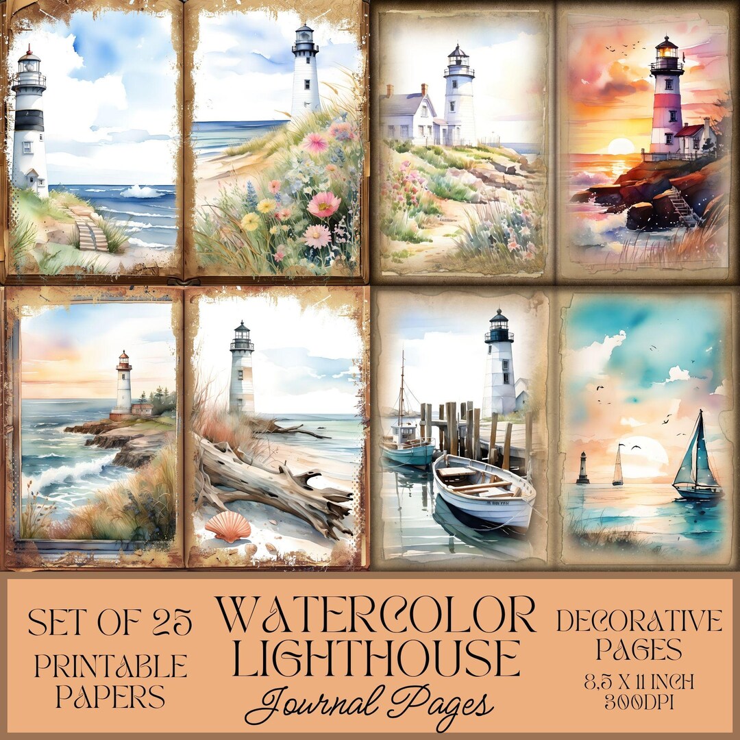 Watercolor Lighthouse Junk Journal Pages, Printable Journal Kit Coastal ...