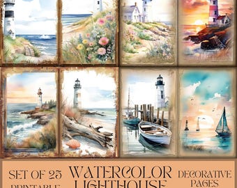Watercolor Lighthouse Junk Journal Kit, 25 Printable Coastal Scrapbook Pages, Vintage Nautical Digital Paper, Ocean Theme Ephemera Download