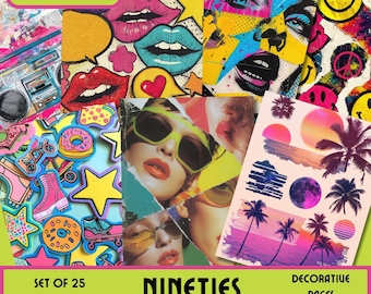May include: A set of 25 decorative journal pages with a 90s theme. The pages feature colorful designs including lips, faces, and retro graphics. The journal pages are 8.5 x 11 inches.
