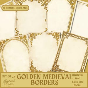 Peut inclure: Ensemble de 32 pages de journal décoratives avec des bordures médiévales dorées. Les pages sont de couleur crème avec des motifs de filigrane dorés. Le texte de l'image indique "Golden Medieval Borders" et "8,5 x 11 pouces".