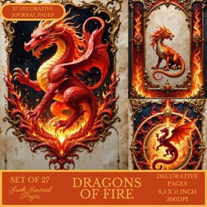 Peut inclure: Ensemble de 27 pages de journal décoratives avec des dragons rouges flamboyants. Les pages mesurent 21,6 x 27,9 cm, avec des cadres dorés et le texte "Dragons of Fire".