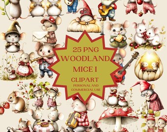 Lot Clipart Souris des Bois I, Illustrations Animaux de Forêt, Ensemble PNG Aquarelle, Graphismes Numériques Scrapbooking, Chambre Enfant
